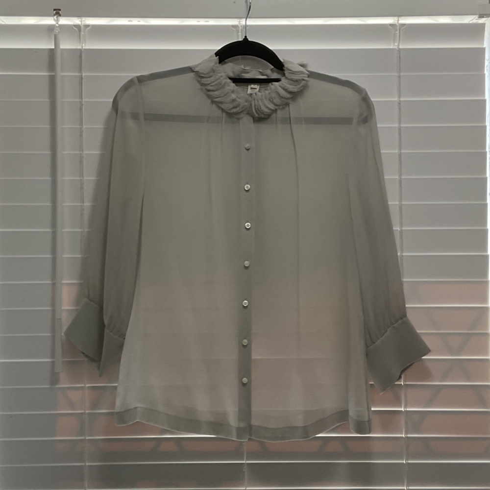 J. Crew Factory  100% silk sheer Ruffle-Neck Button-Front Blouse - Light Gray